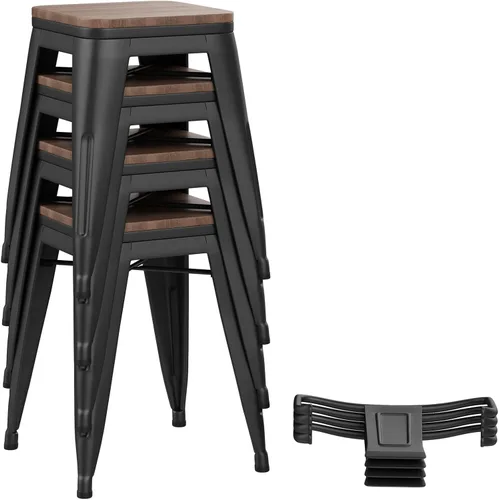 Vista 6 de Yongchuang - Juego de 4 taburetes de bar de 18" de metal apilables, taburetes cortos para aula, cocina, comedor, sillas con parte superior de madera
