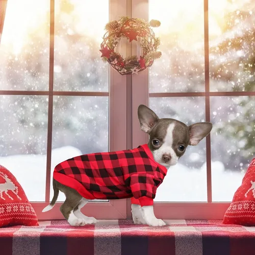 Vista 6 de Suéter de forro polar para perros pequeños con patrón de cuadros búfalo, ropa para perros suave y engrosada, ropa cálida para cachorros, suéter