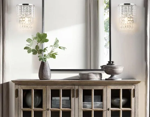Vista 3 de Aplique de pared moderno de cristal K9 con cableado, acabado cromado, lámpara de pared con gotas de cristal acrílico para dormitorio y sala de estar