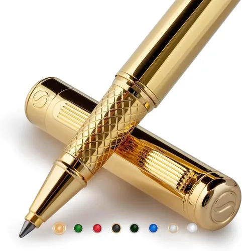 Vista 24 de Scriveiner Bolígrafo Rollerball de Laca Negra - Impresionante Bolígrafo de Lujo, Chapado en Oro Real, Repuesto de Tinta Schmidt, El Mejor Set de 1.