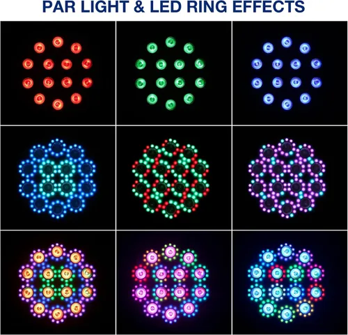 Vista 2 de 2Pack 100W Dimmable 14LED Etapa Par Luz con anillo LED 10 anillos LED rodeados 14 RGBW, control remoto y DMX, luces de subida para DJ evento boda