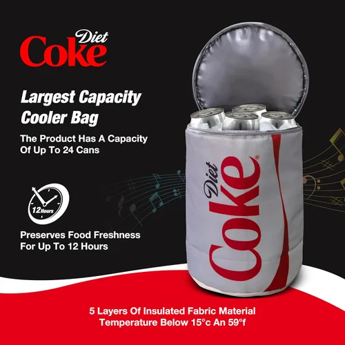 Vista 5 de Bolsa enfriadora con forma de lata de Coca Cola con altavoz Bluetooth, tiempo de reproducción de 5 horas, correas ajustables, cremalleras, tela