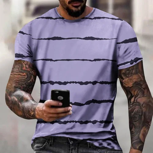 Vista 2 de T Shirt for Men 2023 Regular-Fit Short Sleeve Crewneck Striped Summer Top Big and Tall Muscle Fitness Sport Shirt