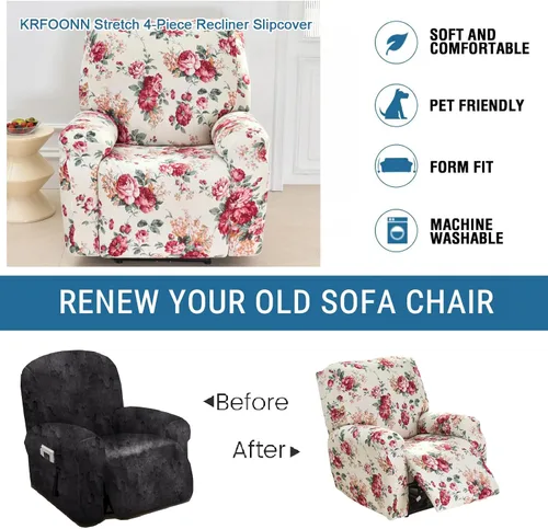Vista 5 de KRFOONN Fundas elásticas para sillón reclinable con estampado, fundas para sillas reclinables de 4 piezas, fundas para sillón reclinable Lazy Boy