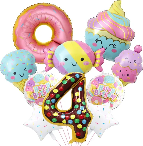 Vista 10 de 10 globos de helado, globos de papel de aluminio Mylar con número de dona de caramelo, temática de helado, suministros de fiesta de primer cumpleaños
