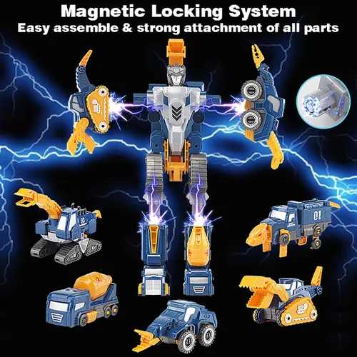 Vista 2 de Juguete transformable de dinosaurio para niños, robot de rescate 5pcs Construction Car Set Magnetic Connectors Assemble DIY STEM Action Figure