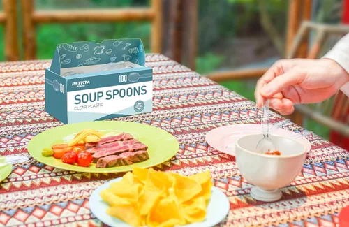 Vista 6 de Cucharas de sopa de plástico, cubiertos transparentes pesados, utensilios desechables para suministros de fiesta, paquete de 100