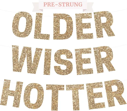Vista 11 de Cartel preencordado de Older Wiser Hotter - No DIY - Cartel negro para fiesta de feliz cumpleaños con purpurina - Guirnalda preencordada en hebras