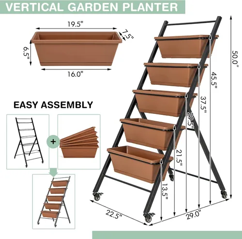 Vista 3 de Safstar - Macetero vertical de 5 niveles, cama de jardín elevada con 2 ruedas con bloqueo, 5 jardineras extraíbles, marco de metal, caja