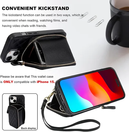 Vista 6 de Bocasal Funda tipo cartera con bandolera para iPhone 15, de cuero PU con bloqueo RFID, con cierre de cremallera, cartera tipo bolso con función