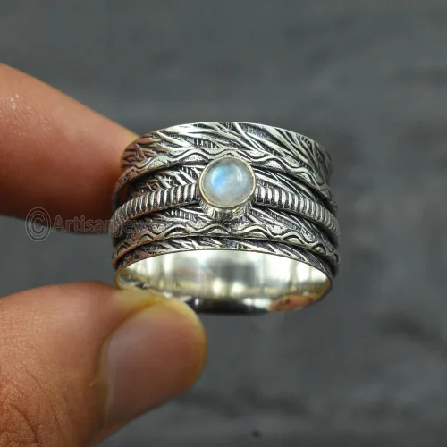 Vista 3 de Rainbow Moonstone Spinner Ring, Handmade Silver Ring, Meditation Ring Women, Spiritual Silver Ring, 925 Silver Ring, Fidget Spin Ring, Gemstone