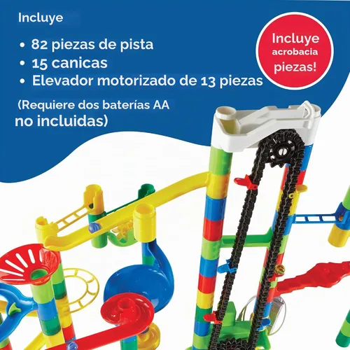 Vista 3 de MindWare Marble Run - Juego de construcción de 110 piezas con 82 piezas de pista, 15 canicas y elevador motorizado