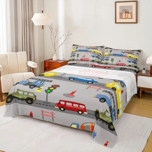 Vista 9 de Erosebridal Juego de sábanas de automóvil de dibujos animados para niños, juego de ropa de cama de camiones, tamaño individual, sábana bajera