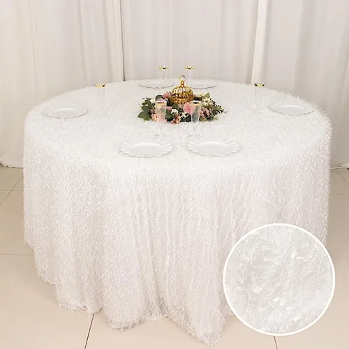 Vista 2 de Balsa Circle Mantel redondo de poliéster de 120 pulgadas, color blanco, con flecos, para bodas, fiestas, eventos, recepción, catering, suministros