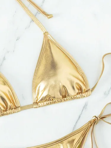 Vista 5 de GORGLITTER Traje de baño de 2 piezas con parte superior de bikini triangular metálico para mujer