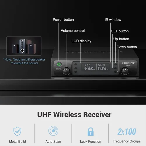 Vista 3 de Phenyx Pro Sistema de micrófono inalámbrico PTU-71-2H incluido con soporte de micrófono múltiple de 8 ranuras MA-H1