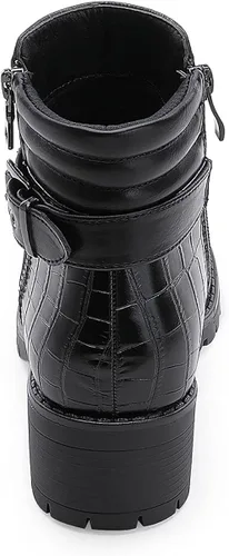 Vista 6 de ALLOT Botines de tacón grueso apilados para mujer, con hebilla y cremallera lateral, a la moda, con puntera cerrada