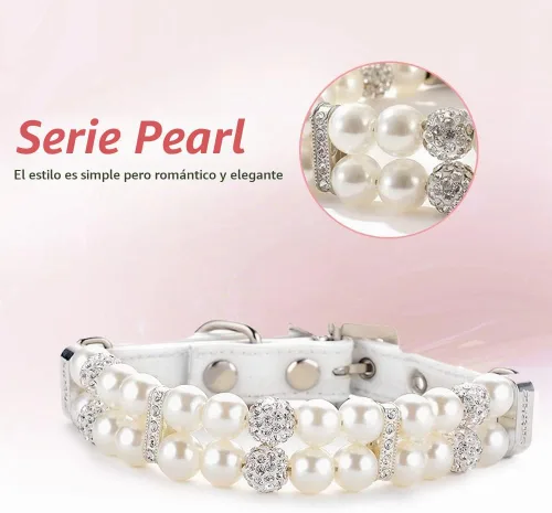 Vista 2 de HOWWFALY Collares de perlas para perros y gatos con diamantes de imitación de cristal, collar de piel sintética, collar ajustable para perros