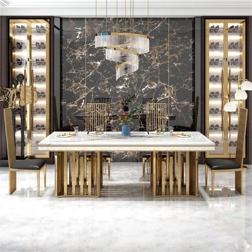 Vista 6 de LAKIQ Mesa de comedor de mármol de estilo lujoso, mesa rectangular moderna para cocina, comedor, mesa de metal dorado, solo sin sillas
