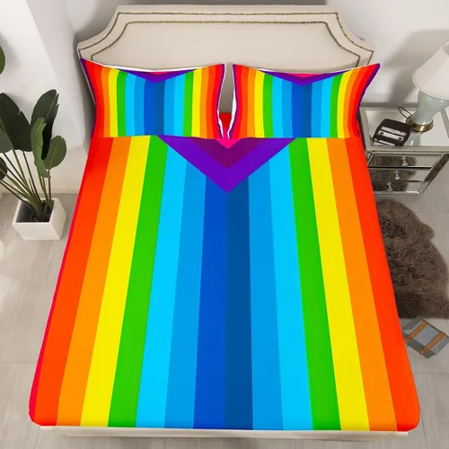Vista 2 de Erosebridal Juego de sábanas bajeras de arcoíris multicolor a rayas para niños y adolescentes, sábanas psicodélicas iridiscentes psicodélicas Multi