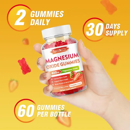 Vista 7 de Gomitas de óxido de magnesio de 400 mg, suplemento de óxido de magnesio masticable para adultos y niños, apoyo nervioso y muscular, sin OGM, sin