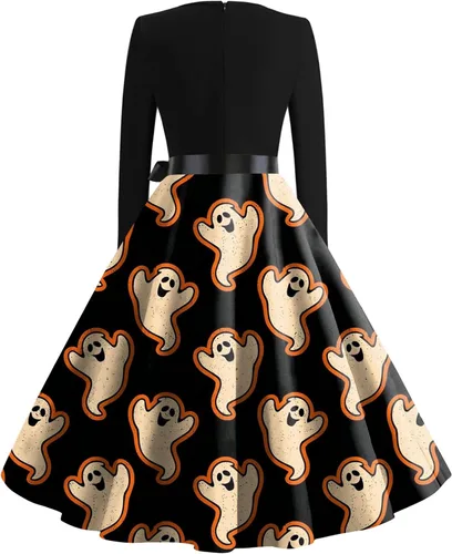 Vista 2 de HUANKD Vestidos de boda de otoño para mujer, vestido acampanado con estampado de Halloween, vestido de manga larga, vestido casual de fiesta, S-2XL