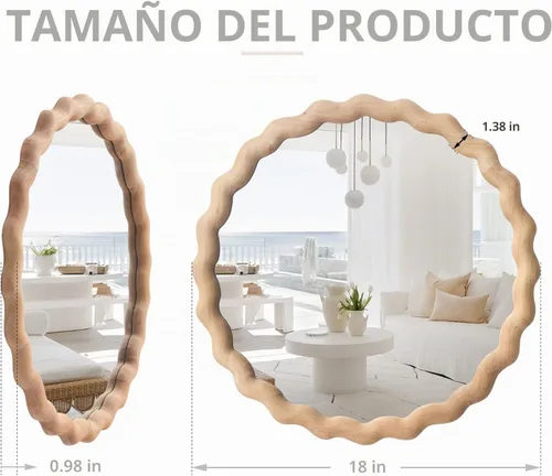 Vista 2 de Espejo de pared irregular, espejo redondo de madera, espejo de tocador único, espejo de baño moderno de madera natural de 18 pulgadas para baño