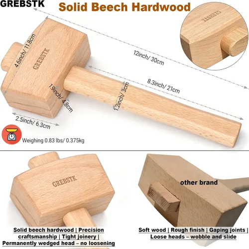 Vista 2 de GREBSTK Polished Solid Beech Wood Mallet for Home Bartending & Workshop Polished oiled finish, stain & moisture resistant, wipes clean with ease
