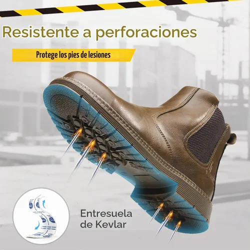 Vista 4 de Botas con punta de acero para hombres y mujeres, botas de trabajo sin cordones para la construcción Caqui