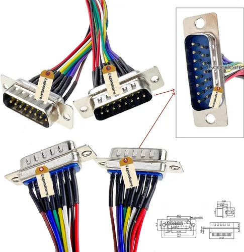 Vista 2 de Lsgoodcare 4 unids RS232 DB15 conector serial VGA 15 pin hembra 2 filas tipo soldadura enchufe D-SUB macho enchufe conector con cable de 11.81