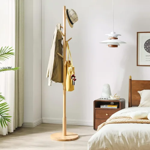 Vista 8 de IBUYKE Perchero de madera, 8 ganchos, 3 opciones de altura, natural WD-115 Round Base Coat Hanger,Easy Assembly,Clothes Rack for Hallway Entryway