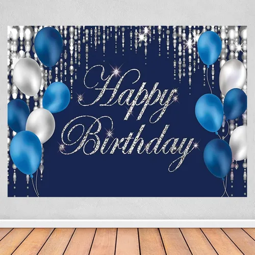 Vista 5 de Cartel de fondo de feliz cumpleaños azul marino y plateado para hombres, mujeres, fondo de fotografía de jubilación, suministros de decoración