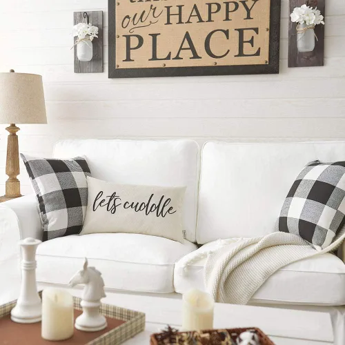 Vista 3 de Fundas de almohada de granja con cita Let's Cuddle de 12 x 20 pulgadas, decoración rústica de granja, fundas de almohada lumbar con texto en inglés