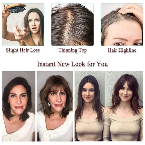 Vista 3 de UDU Toppers para el cabello para mujer, cabello humano real, con flequillo, clip en flequillo, pelucas de cabello para mujeres con adelgazamiento