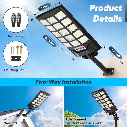 Vista 6 de Farolas solares impermeables para exteriores, 30000 lúmenes, 6500 K, luces LED con sensor de movimiento, luces de inundación solares con control