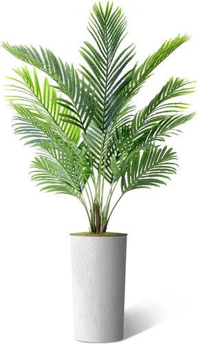 Vista 2 de Árbol artificial en macetero con efecto de mármol blanco, palmera tropical areca artificial de seda para decoración del hogar en interiores