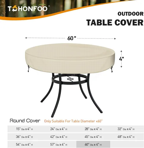 Vista 2 de TOHONFOO Funda para mesa redonda para exteriores, impermeable, anti-UV, para mesa de patio, se adapta a mesas de exteriores de hasta 58 a 60 Beige