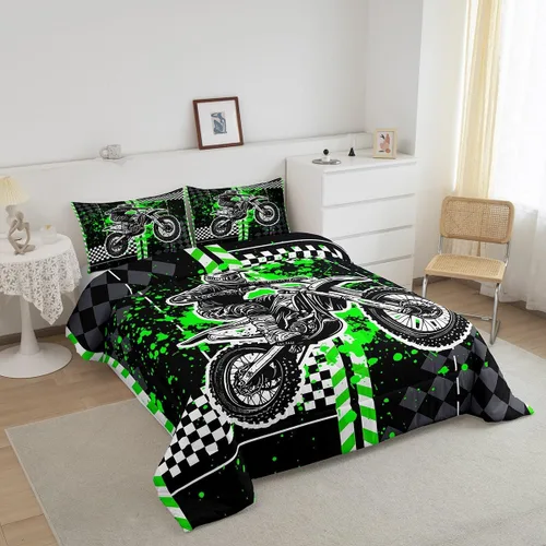 Vista 3 de Feelyou Kids Green Dirt Bike Duvet Insert Twin Size, Extreme Sports Comforter Set Boys Girls Motorbike Bedding Set Teens Bedroom Decor Microfiber