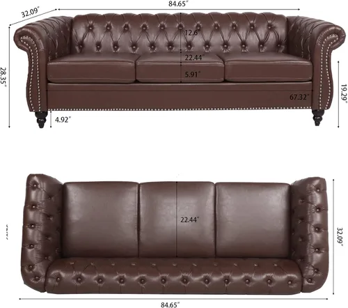 Vista 2 de Chesterfield - Sofá tapizado de piel sintética, con respaldo copetudo, sofá clásico de cuero de 3 plazas, brazo enrollado para sala de estar Marrón