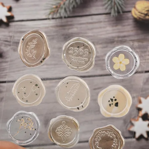 Vista 5 de Calcomanías de sello de cera ámbar transparente, 54 piezas de sellos de sobres con temática floral, calcomanías adhesivas para Navidad, invitaciones