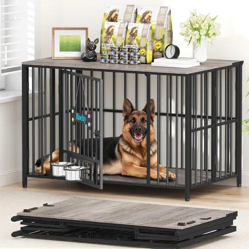 Vista 12 de Easycom 104 cm mueble de jaula para perros plegable, sin ensamblaje perrera decorativa para interior, jaulas para perros grandes (15.9-27.2 kg)