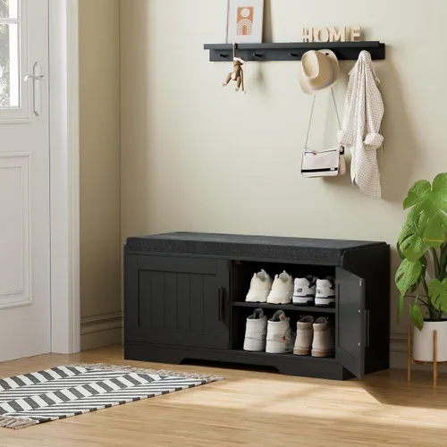 Vista 3 de Homleke Banco de almacenamiento de zapatos, 2 puertas y cojín acolchado Negro
