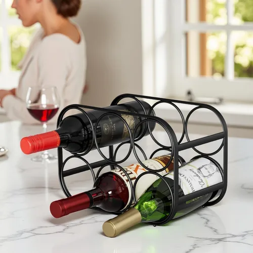 Vista 4 de Buruis Estante de vino para encimera de 6 botellas, soporte de botella de Negro