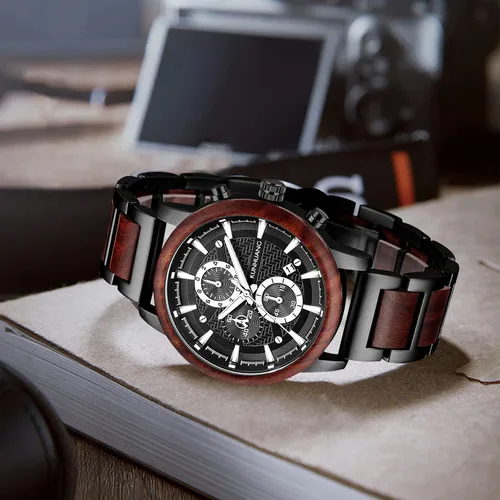Vista 7 de IK COLOURING Relojes de madera para hombre, cronógrafo de cuarzo multifuncional y reloj de visualización de fecha para hombre, reloj de pulsera