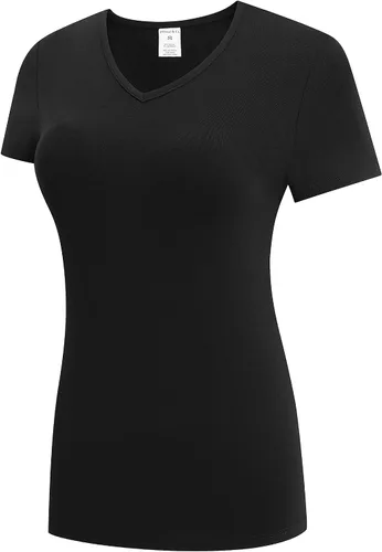 Vista 2 de OThread & Co. Camiseta de manga corta para mujer, cómoda con cuello en V, capa elástica básica
