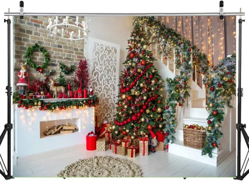 Vista 2 de AIIKES Christmas Trees Fireplace Background Christmas Wreath Photography Fireplace Background Indoor Gift for Christmas Tree Party Decoration