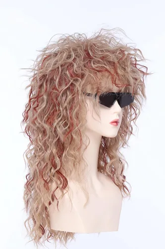 Vista 4 de Roleplar Peluca rizada rubia de los años 80 para hombre, peluca de salmonete, mezcla dorada y marrón, disfraz de rockero para fiesta de disfraces