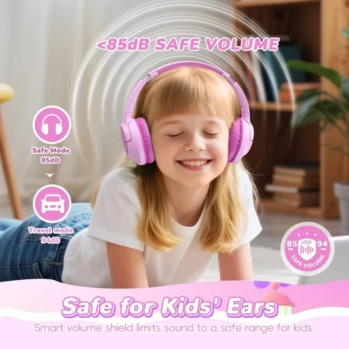 Vista 4 de Auriculares Bluetooth para niños, tiempo de reproducción de 85 horas para rosado fucsia