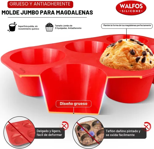 Vista 2 de Walfos - Juego de moldes de silicona para magdalenas, 6 tazas, antiadherente, ¡solo libera! Perfecto para magdalenas de huevo, magdalenas grandes