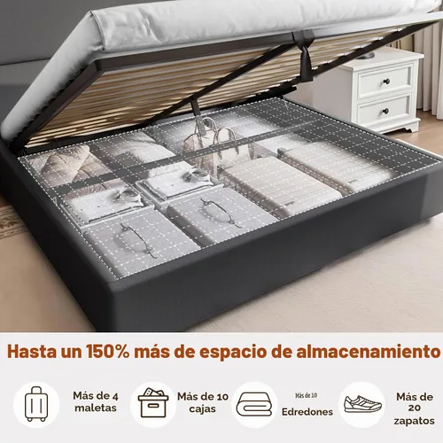 Vista 3 de PaPaJet Cama de Almacenamiento con Elevación Tamaño Queen, Marco de Cama Plataforma Tapizada con Almacenamiento Hidráulico/Cabecera Moderna Gris